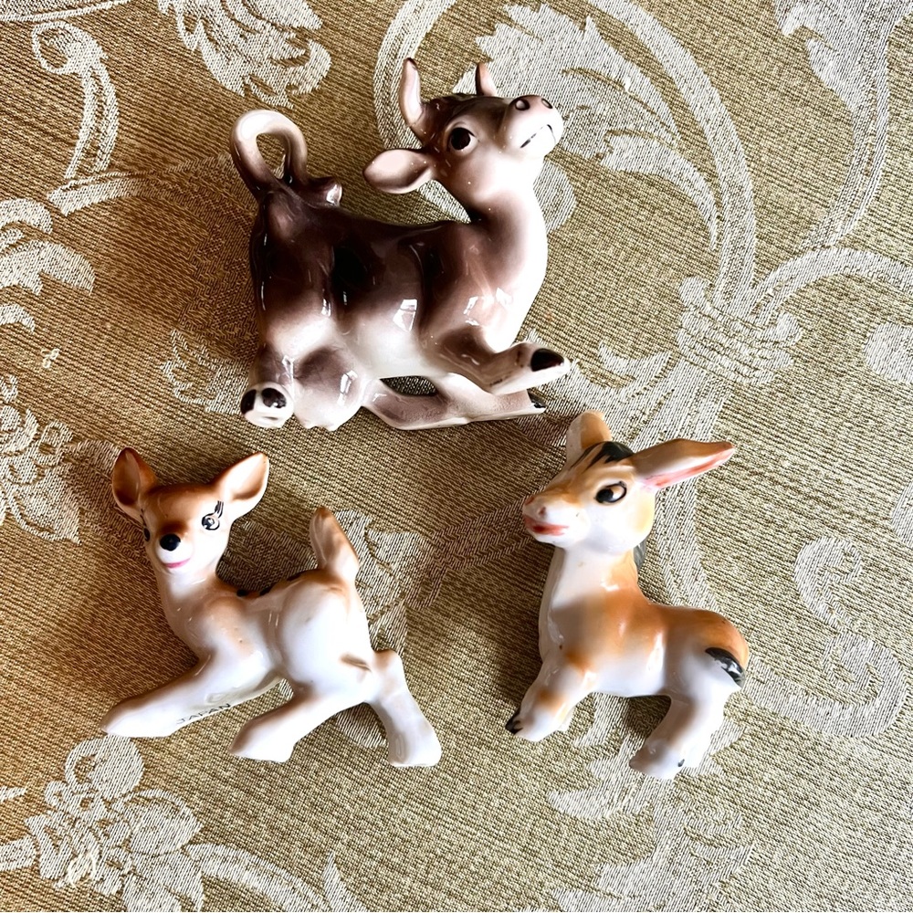 3 MCM animal figurines donkey, deer, cow lovely for a young collector!